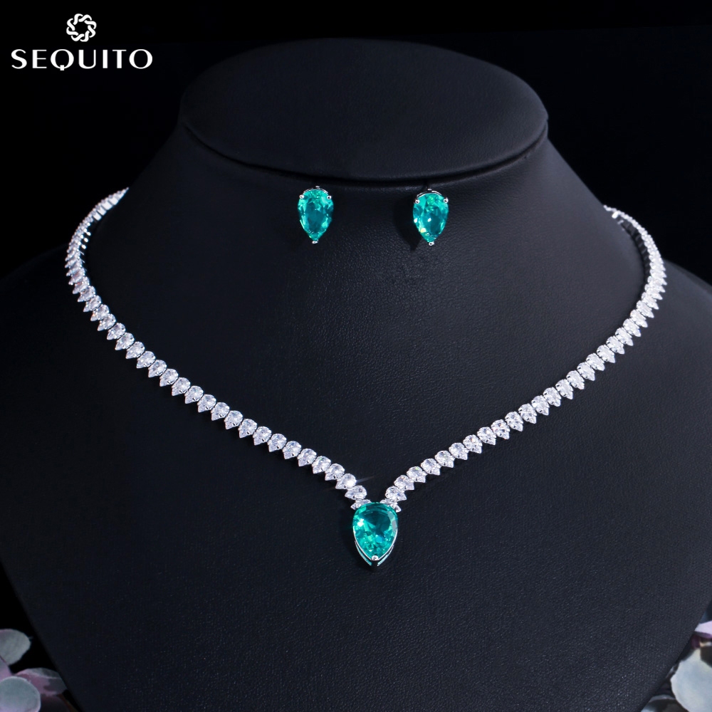 SEQUITO ยอดนิยมอินเทรนด์สีเขียวอ่อน Water Drop CZ สร้อยคอคริสตัลต่างหู ...