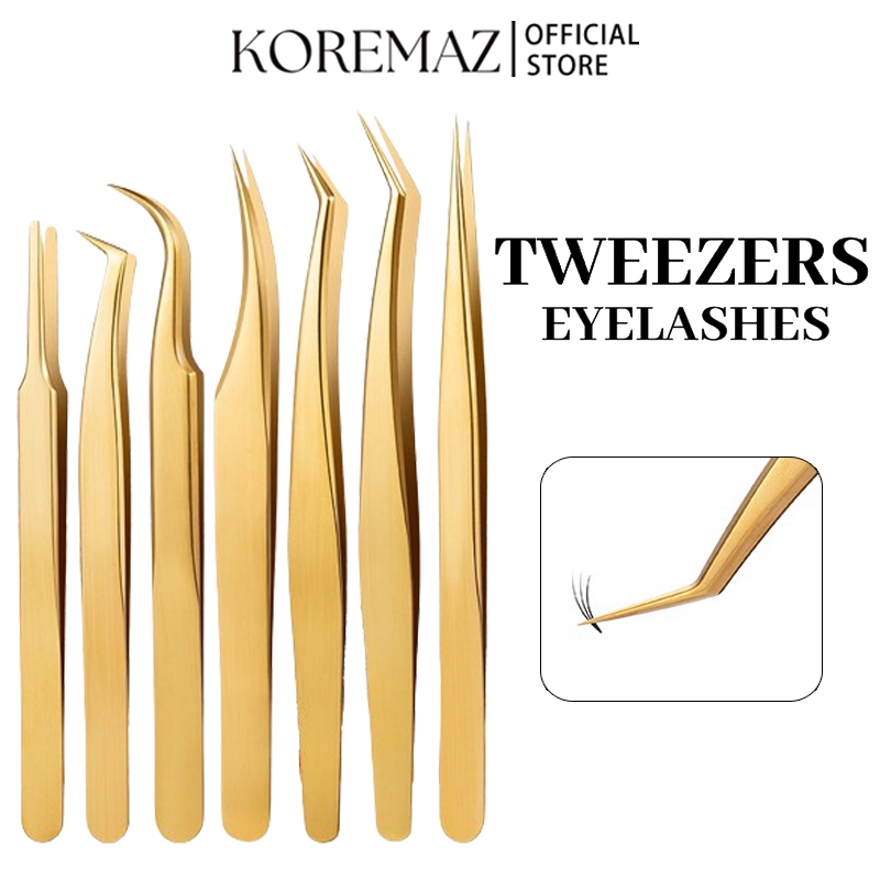 Koremaz แหนบสเตนเลส ทรงโค้ง สีทอง เครื่องมือซ่อมแซมขนตาปลอม แบบตรง ...
