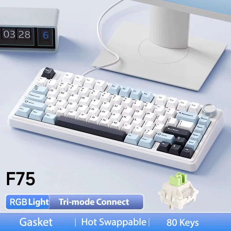 AULA F75 Mechanical Keyboard คีย์บอร์ดเกมมิ่งแบบใช้สายและไร้สาย 75% 80 คีย์ แสงไฟ RGB เชื่อมต่อ Bluetooth 2.4G และ Type-C