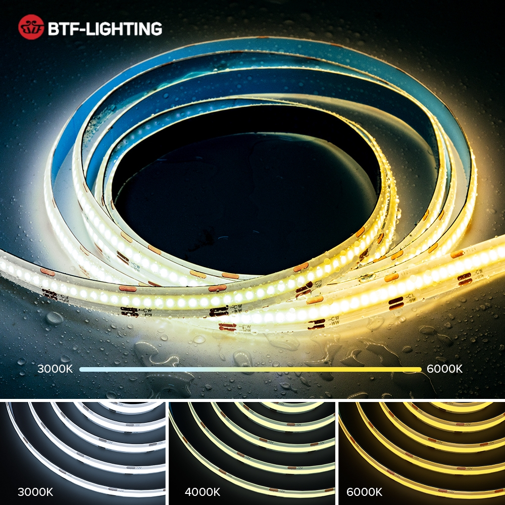 BTF-LIGHTING FCOB COB Flexibele Hoge Dichtheid CCT LED Strip 5M 640LEDs/m Afstembare 3000K-6000K CRI＞90 Dimbare vervormbare LED Licht Lint voor Home Binnen Decoratie DC12V 14W/m(Alleen LED-strip
