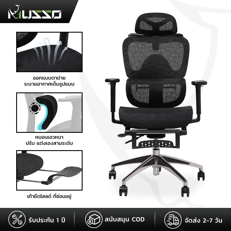 MUSSO รุ่น E600 PRO เก้าอี้สำนักงาน ergonomic ที่วางแขน 3D ปรับได้ เก้าอี้ออฟฟิศพร้อมพนักพิงศีรษะและเอวปรับได้ เก้าอี้สีเทา เก้าอี้สีดำ ราคาดี