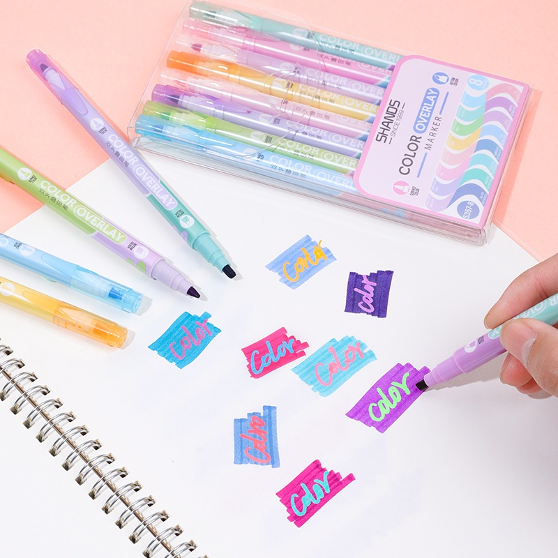 Penlab 8 ชิ้นสี Overlay ปากกาเน้นข้อความชุด Dual-side Fluorescent Art ...