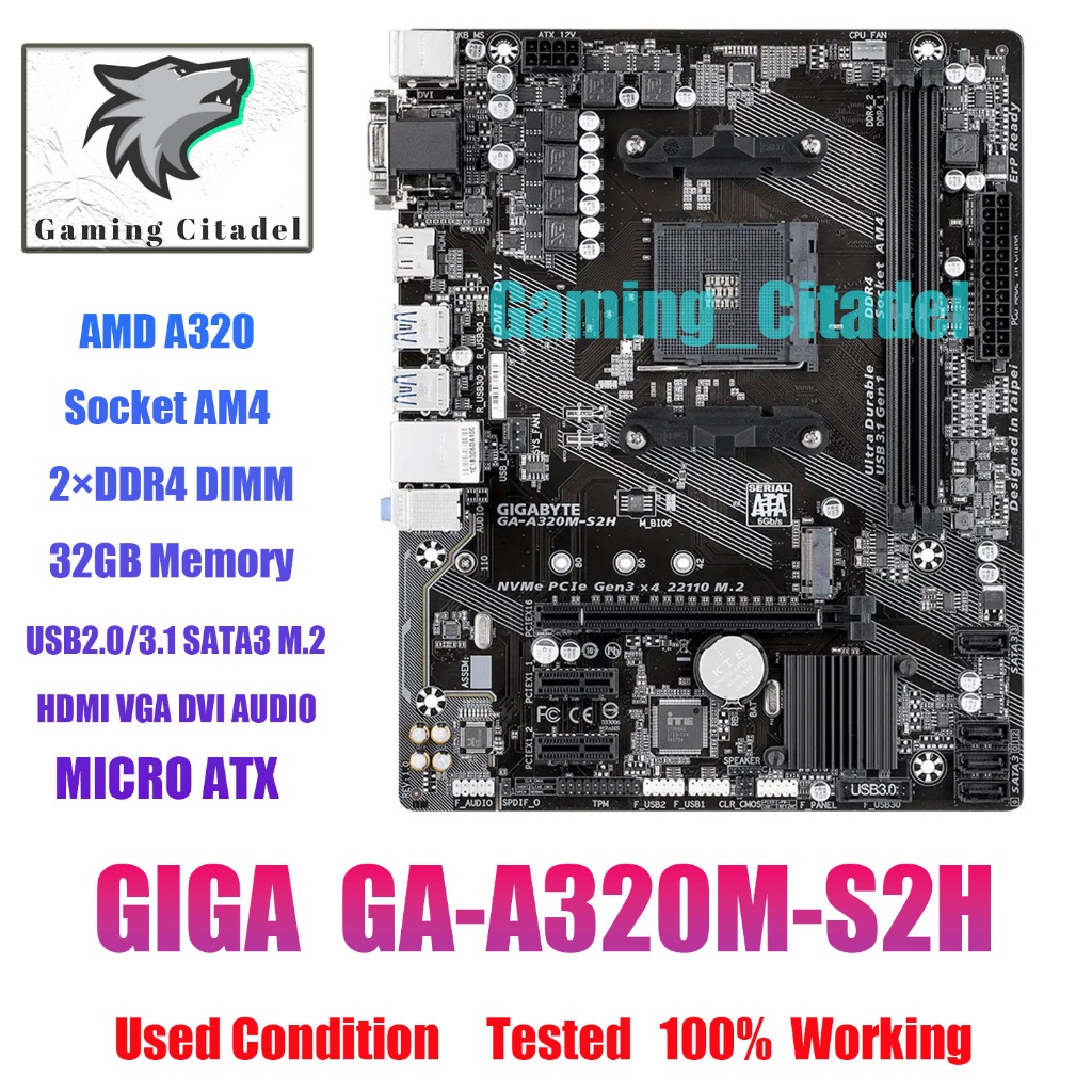 เมนบอร์ดทดสอบแล้ว Gigabyte GA-A320M-S2H AM4 VGA+DVI+HDMI DDR4 32G M-ATX ...