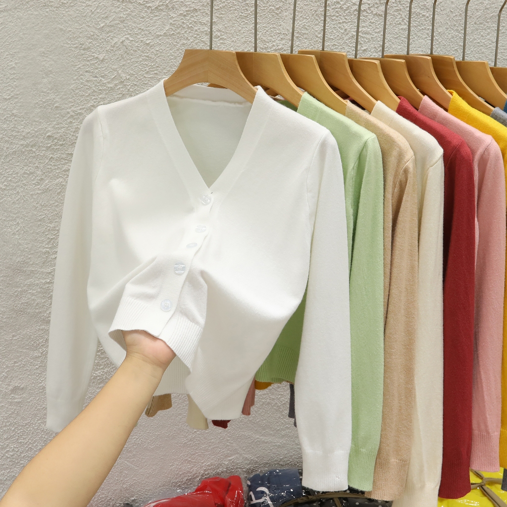 เสื้อแจ็กเก็ตคาร์ดิแกนกันหนาว แขนยาว คอวี ผ้าถัก สีดํา สําหรับผู้หญิง