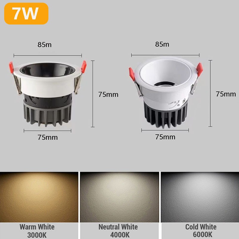 ไฟสปอตไลท์ LED 7W 10W 12W แบบฝัง อลูมิเนียม สีขาวดํา สําหรับติดเพดาน ...