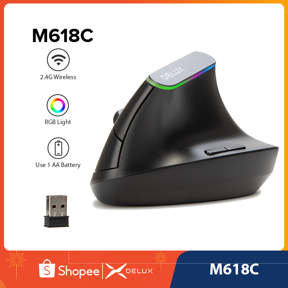Delux M618C เมาส์ไร้สาย แนวตั้ง 6 ปุ่ม 2.4GHZ 3 เกียร์ ปรับได้ 1600 DPI ...