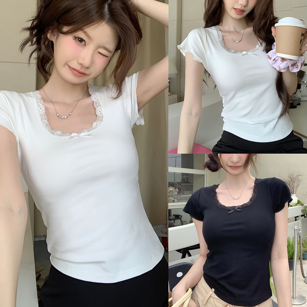 Hotgirl พร้อมส่งจากกทม เสื้อยืดแขนสั้นคอกลมลายลูกไม้สีขาวสำหรับผู้หญิง🌸 ...