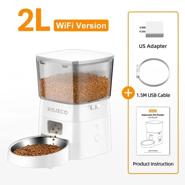 Rojeco เครื่องให้อาหารแมวอัตโนมัติ ขนาด 2 ลิตร รุ่น Wi-Fi และแบบปุ่มกด ควบคุมอัจฉริยะผ่านแอปพลิเคชัน