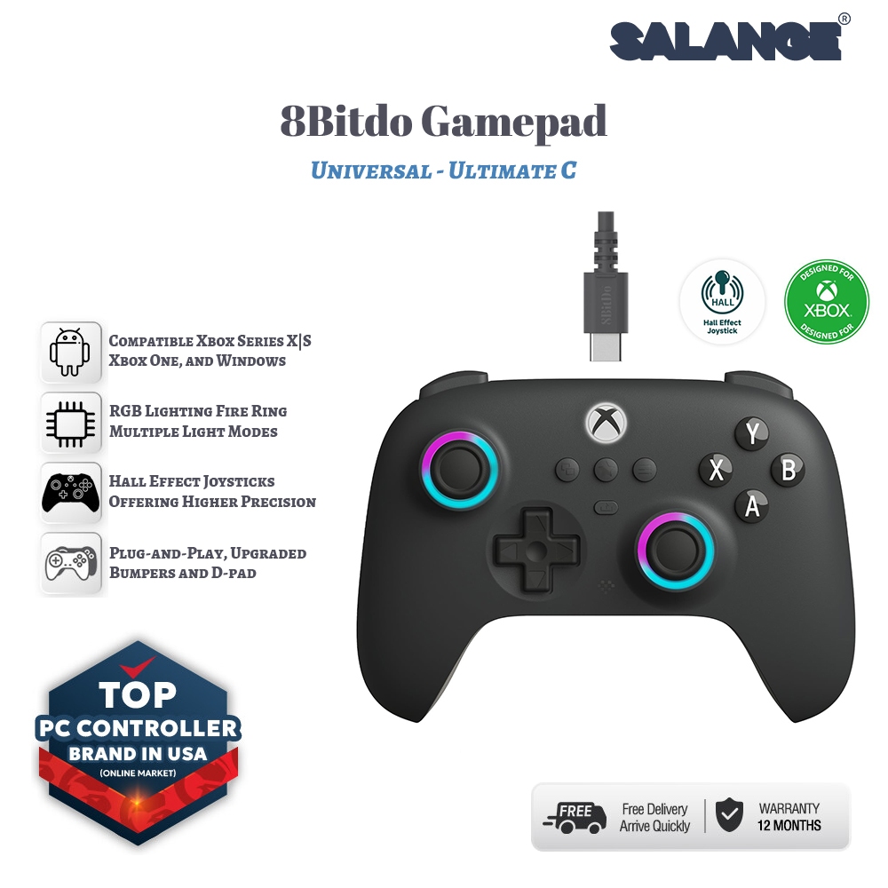 8BitDo Ultimate C คอนโทรลเลอร์เกมแบบมีสายสำหรับ Xbox, RGB Lighting Fire ...