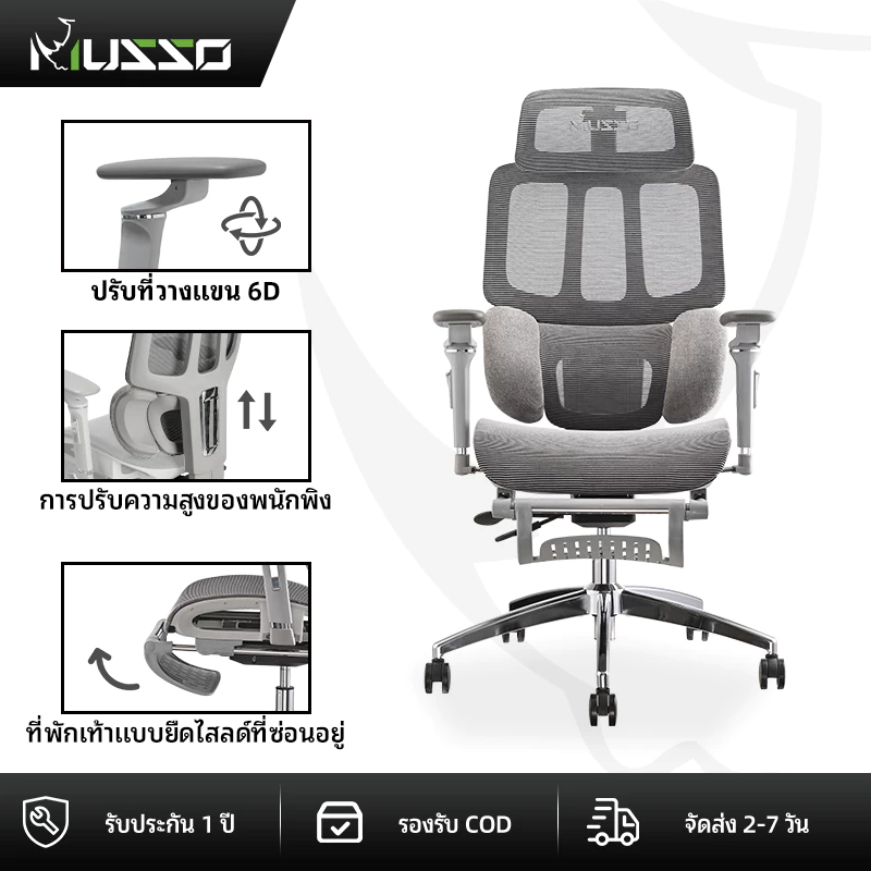 MUSSO รุ่น H80 PRO เก้าอี้สีเทา เก้าอี้สีดำ เก้าอี้สำนักงานตามหลักสรีรศาสตร์ 6D เก้าอี้เบาะ นุ่ม ที่เท้าแขน พนักพิงศีรษะปรับได้ ONE-YEAR WARRANTY