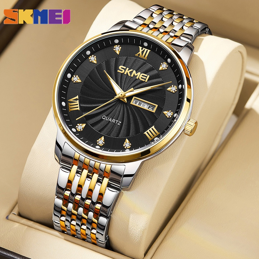 SKMEI สมี นาฬิกาธุรกิจสําหรับผู้ชายกันน้ําเดิมสแตนเลสควอตซ์ปฏิทิน