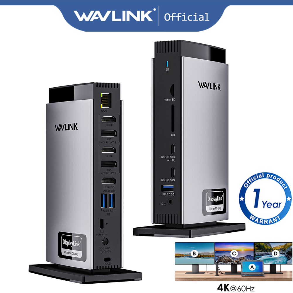 WAVLINK Dual 2K + 4K DisplayLink Docking Station, Dock Station Pour Mac M1/ M2/M3/M4 Et Windows, 13 En 1 Station D'accueil USB C Avec Chargeur 100W, 3 HDMI, 5 USB, Ethernet, SD/TF, Prises