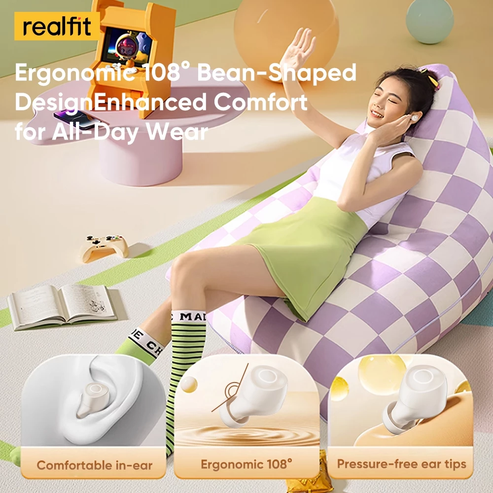 realfit F4 HiFi HD Bass หูฟัง Bluetooth 5.4 โทรชุดหูฟังบลูทูธไร้สาย ลดเสียงรบกวน ANC จับคู่ชุดหูฟังบลูทูธพร้อมไมโครโฟนอย่างรวดเร็ว