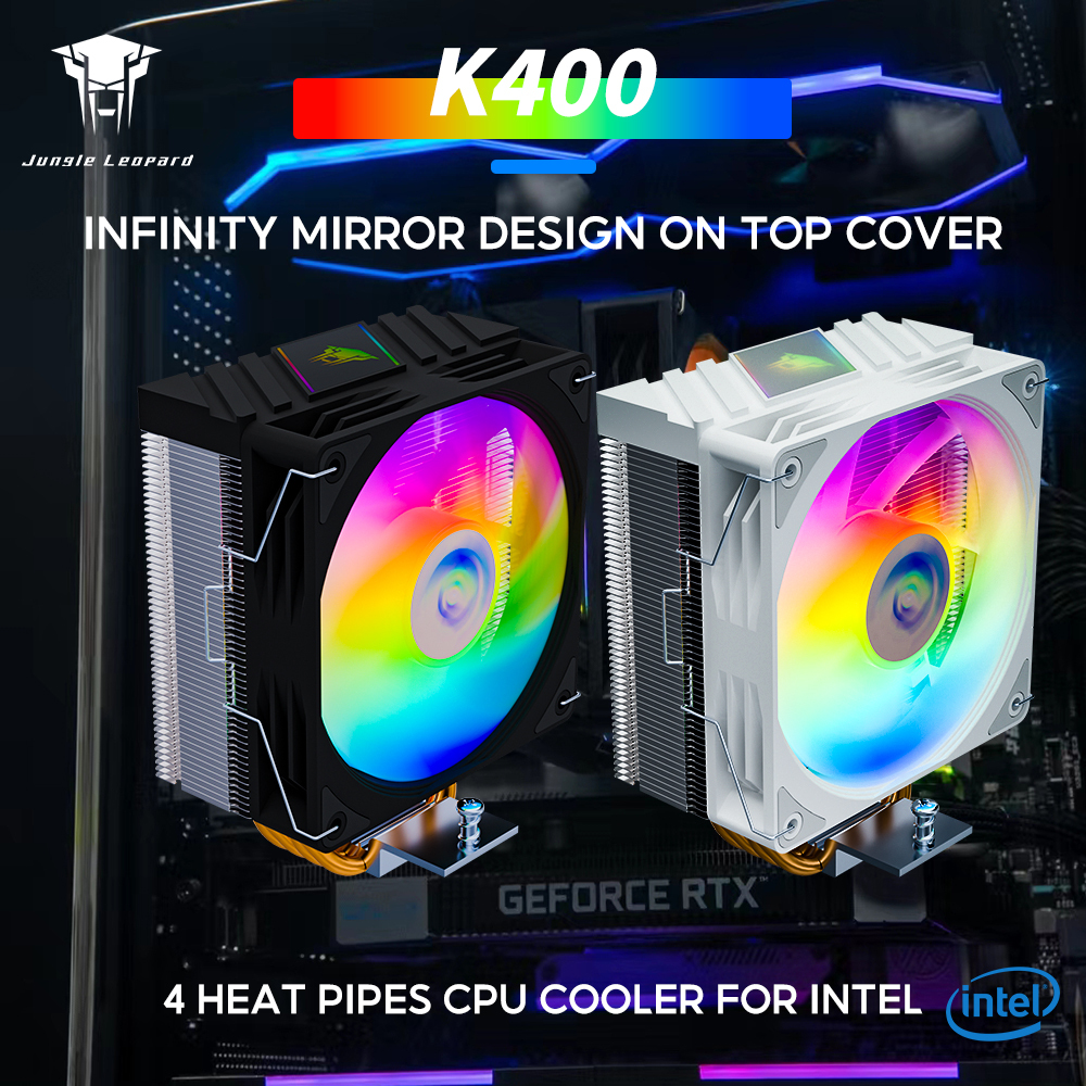 Jungle Leopard K400 CPU Cooler สีดํา/สีขาว 4 ท่อความร้อน 120 มม.พัดลม CPU 4PIN PWM สี LED ฝาครอบด้านบน Infinity Mirror Design สําหรับ Intel LGA1155 LGA1200 LGA1366 LGA1700 LGA2066