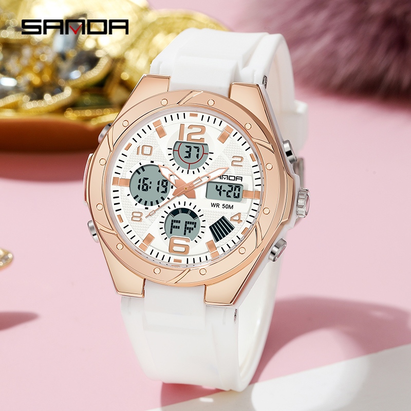 Sanda 6062/ในสต็อกนาฬิกาผู้หญิงกันน้ําทหารควอตซ์LED Multi-Functionหรูหราแฟชั่นผู้หญิงนาฬิกา