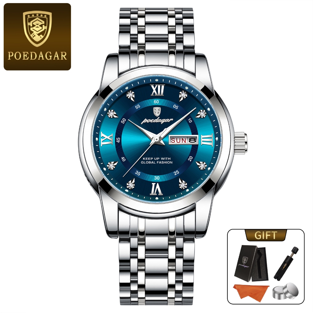 POEDAGAR นาฬิกาผู้ชายกันน้ำ สายสแตนเลส รูปแบบธุรกิจ นาฬิกาควอตซ์ สีน้ำเงิน  สีดำ ขาว โกลเด้น ของขวัญวันเกิดผู้ชาย 936