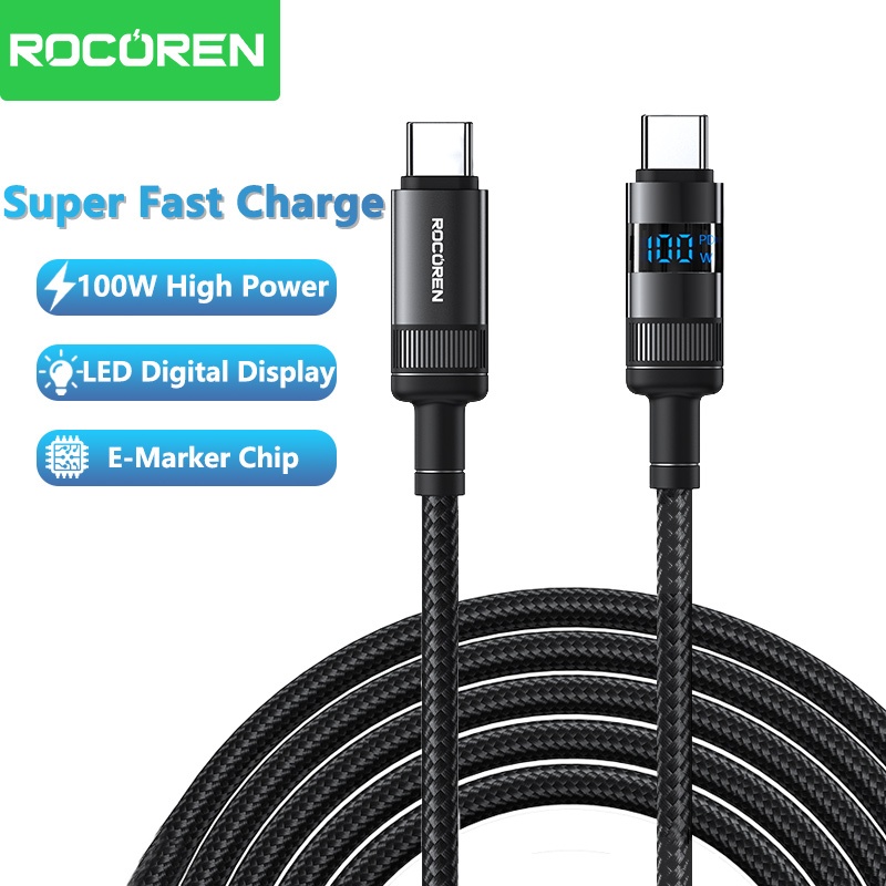 Rocoren 100W C TO C HD จอแสดงผลดิจิตอล Fast สายชาร์จ 1M/2M ข้อมูลส่งสาย ...