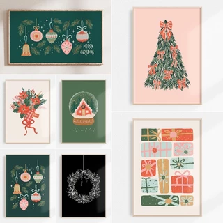 Mistletoe พิมพ์ Coquette Christmas Printable Art, Minimalist Holiday Decor สีชมพูและสีเขียว Xmas Art พิมพ์สีแดง Bow Girly คริ��สต์มาสผ้าใบโปสเตอร์