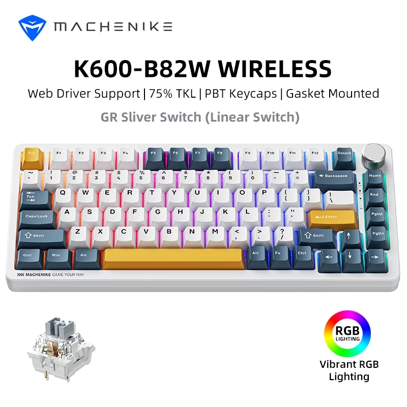 คีย์บอร์ดเกมมิ่ง Machenike K600 B82W แบบไร้สายและมีสาย ขนาด 75% 82 ปุ่ม Tri-Mode บลูทูธ 2.4G ไฟ RGB เปลี่ยนสวิตช์ได้