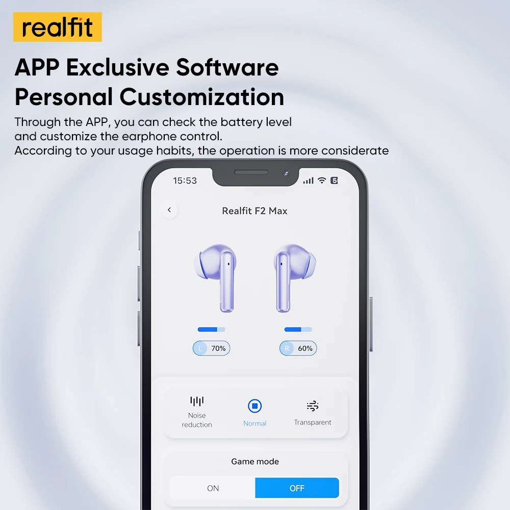 realfit F2 Max Bluetooth 5.4 Active Noise Cancelling หูฟังบลูทูธอัจฉริยะแบบไดนามิก ANC Punchy Bass พร้อมไมโครโฟน