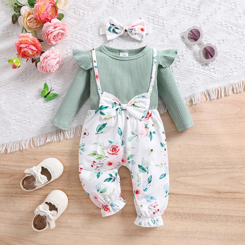 Ruffle Peach Romper with Floral Bowknot Plants and Headband main image 1