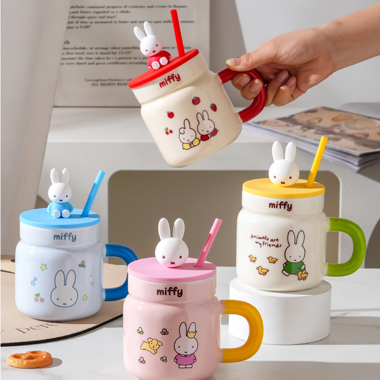 Miffy Mug Rabbit พร้อมฝาปิดและถ้วยฟางลายการ์ตูนถ้วยน้ําเซรามิกมูลค่าสูง ...