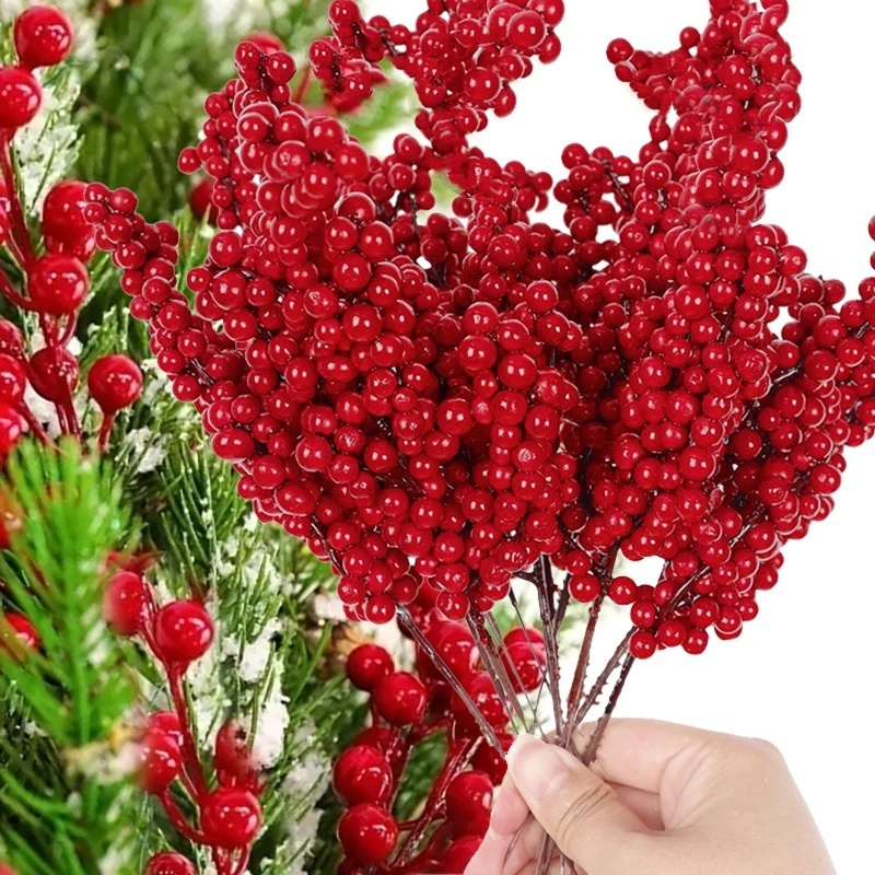กิ่งไม้ผลไม้ปลอม โฟมพลาสติก หลายสไตล์ สีแดง สําหรับตกแต่งต้นคริสต์มาส DIY