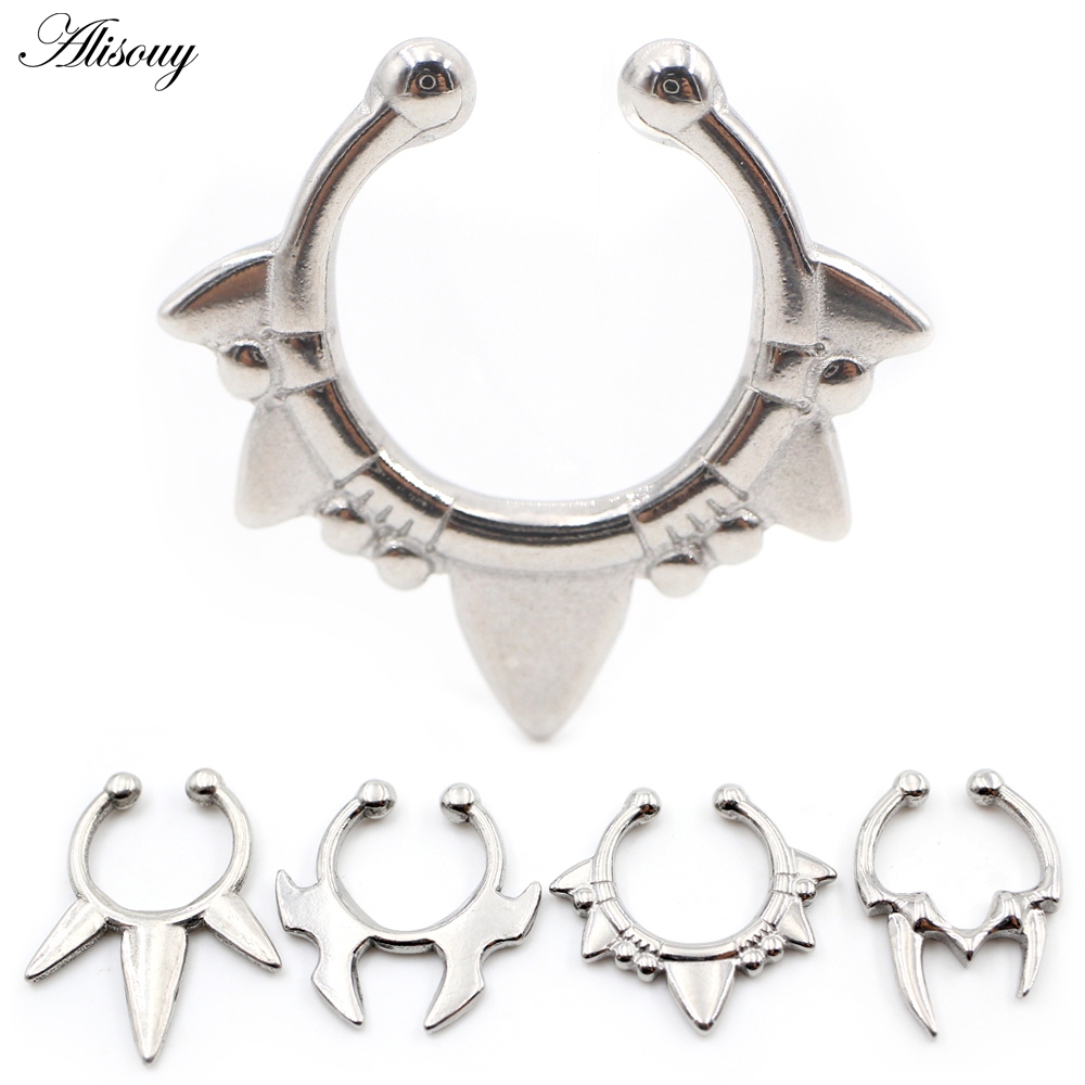 Alisouy 1 ชิ้นสแตนเลสหล่อ Tusk Fangs กรวยแหวนจมูก Septum หู Cuffs ...
