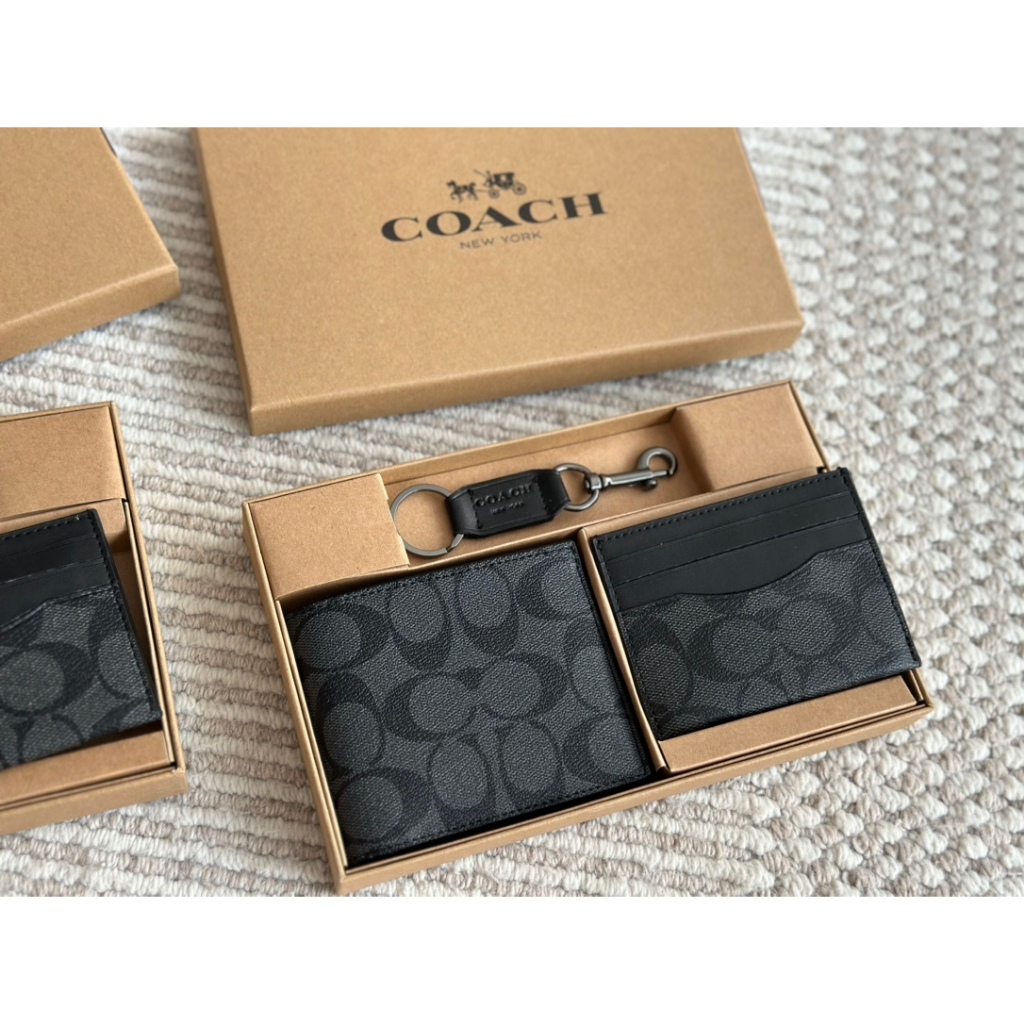 Coach Mens Boxed 3 In 1 Wallet Gift Set Brown Size Card Bag 