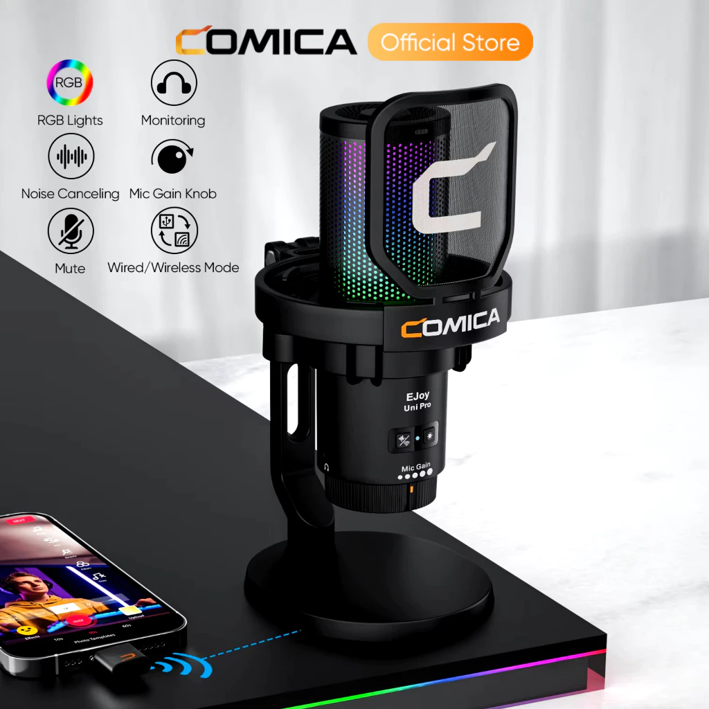 COMICA EJoy Uni Pro ไมโครโฟนไร้สาย ไมโครโฟน USB พร้อมการ์ดเสียงในตัวสําหรับคอมพิวเตอร์และสมาร์ทโฟน RGB Cardioid Condenser Gaming Mic สําหรับ Podcasting,Streaming,Recording