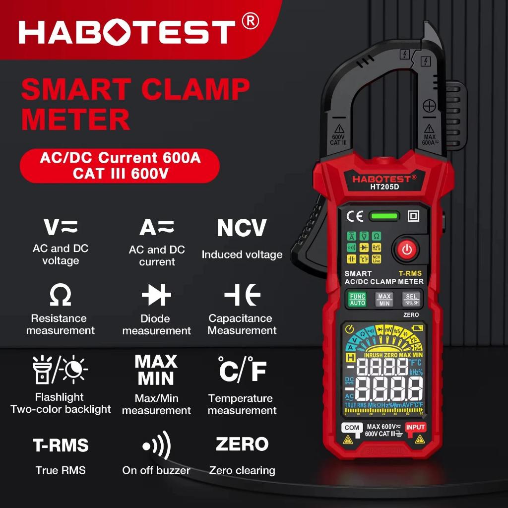 Habotest HT205 NVC แคลมป์มิเตอร์ 600A True RMS AC/DC Current Amp 10MHZ ...