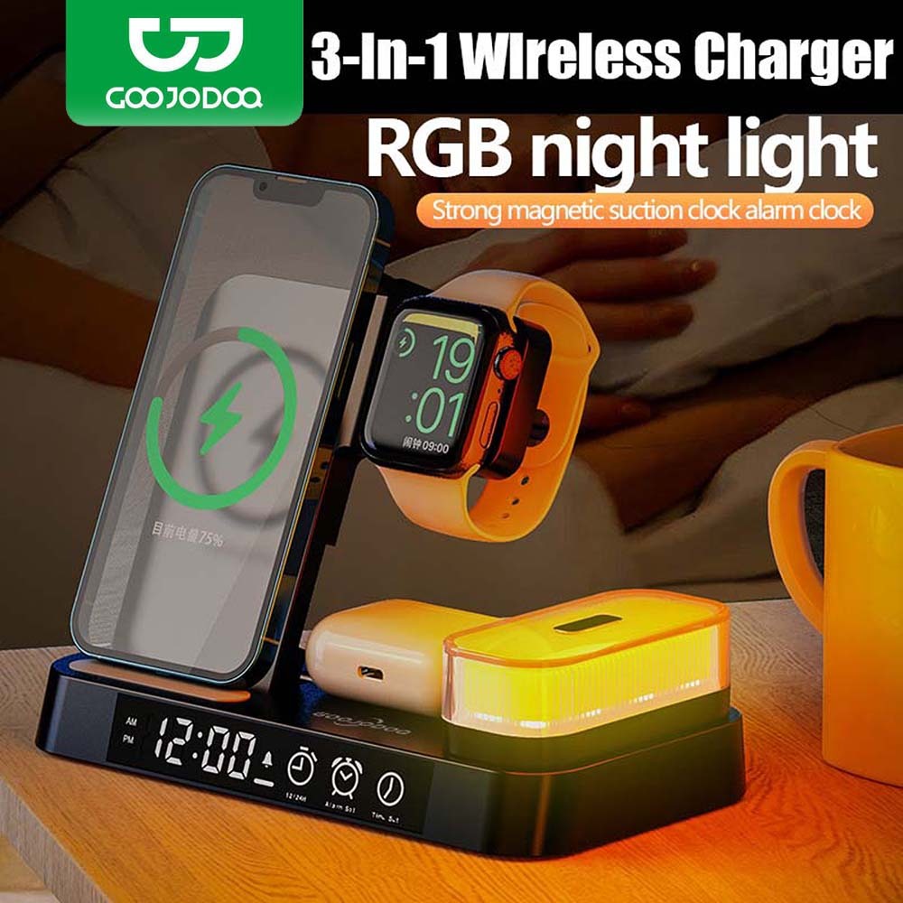 GOOJODOQ 4 in 1 แท่นชาร์จหูฟังไร้สาย พร้อมนาฬิกาปลุก และไฟกลางคืน สําหรับ iPhone Watch