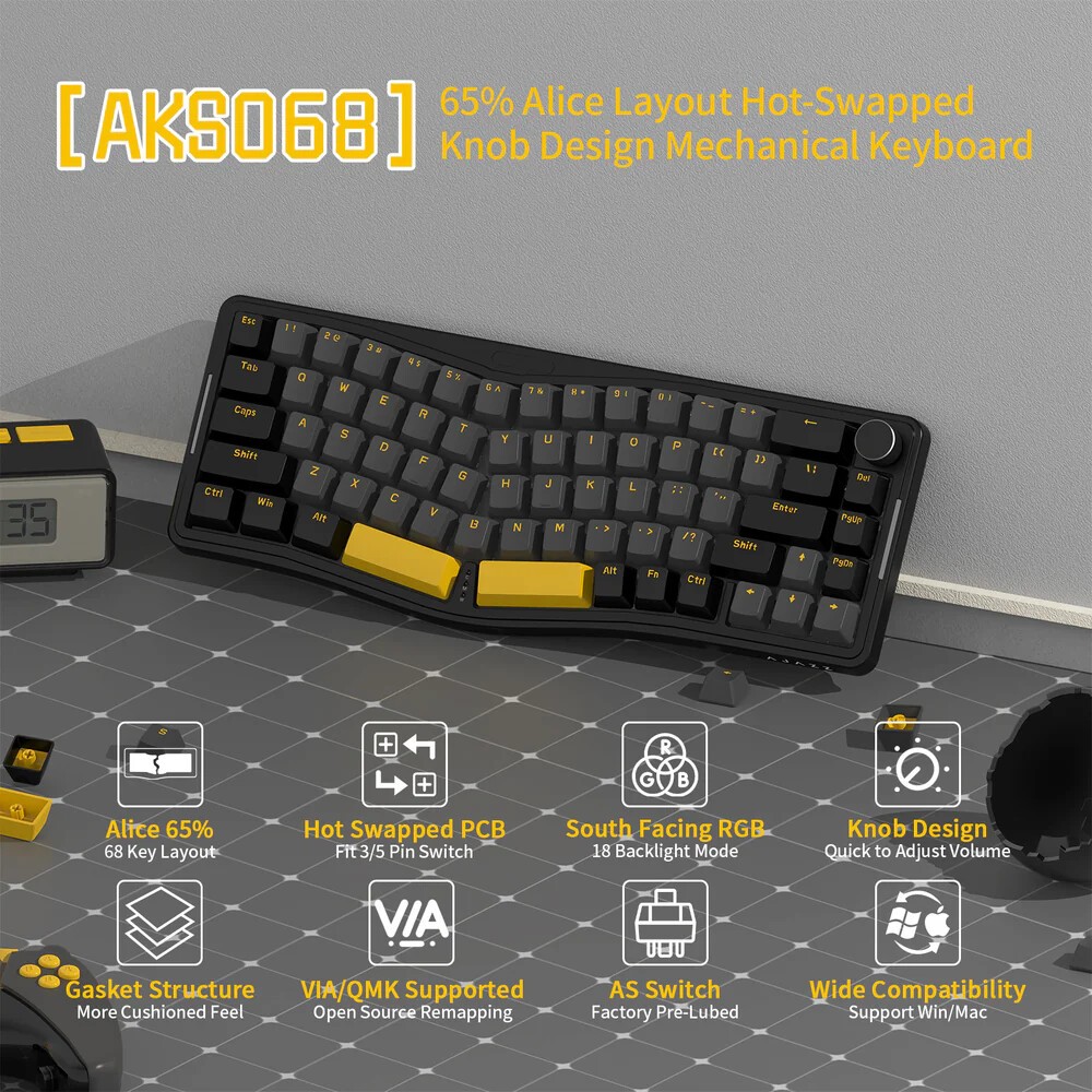 Attack SHARK x AJAZZ AKS068 Alice Mechanical Keyboard 60% Alice Layout ...
