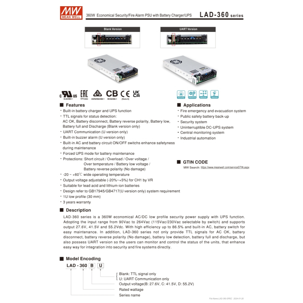 MEAN WELL LAD-360B/360C/360D Mingwei ความปลอดภัย/แหล่งจ่ายไฟ BU/CU/DU ...