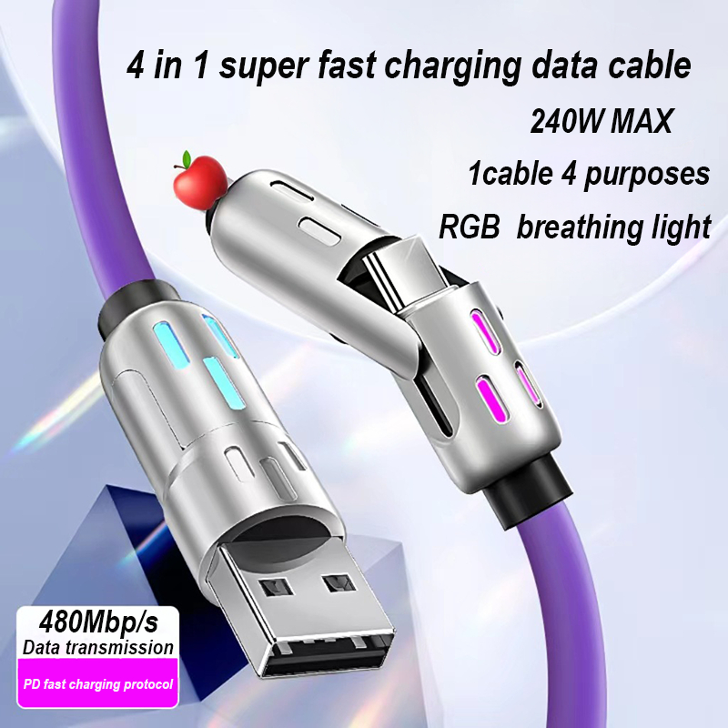4 in 1 Super Fast สายชาร์จ USB + Type-C ถึง L + C 240W MAX Quick Charge ...