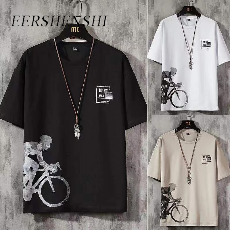 Eershenshi เสื้อยืดคอกลมแขนสั้น เสื้อยืดผู้ชาย ลายจักรยาน（สีดำ，สีขาว，กากี )รุ่น 0102