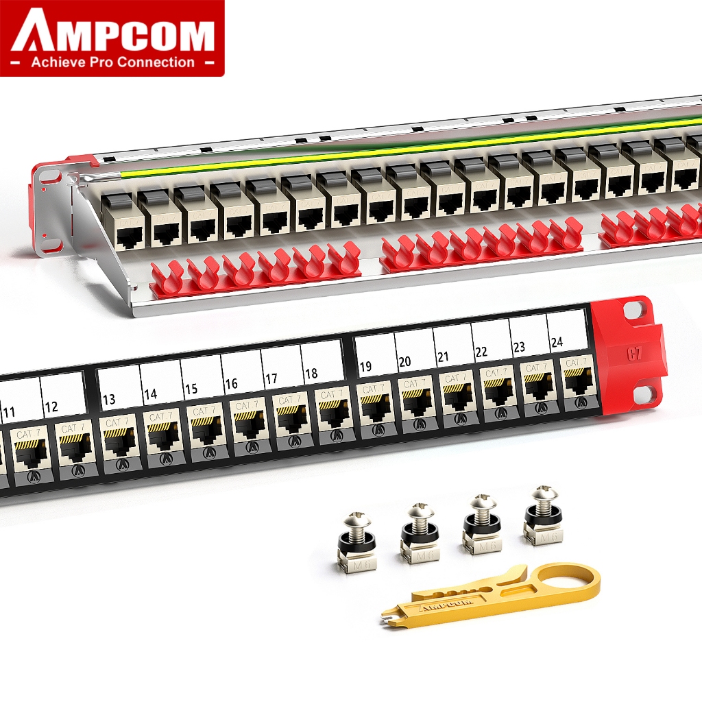 AMPCOM 1U 24-Port STP Keystone Patch Panel, แบบยึดแร็คพร้อมแถบจัดการสาย ...