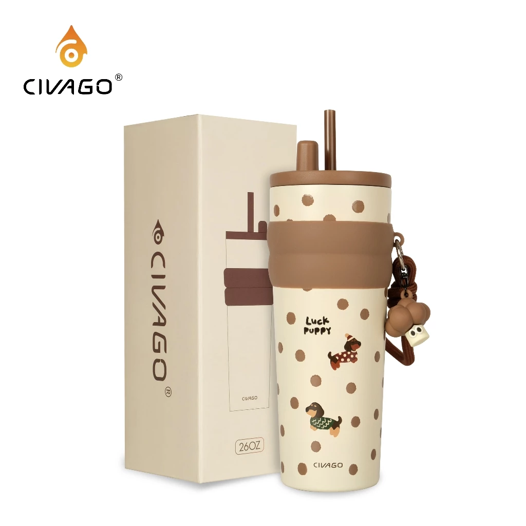 CIVAGO แก้วกาแฟสแตนเลสสตีลพร้อมฝาปิด กระติกสุญญากาศเซรามิคไลเนอร์ ลายพิเศษ