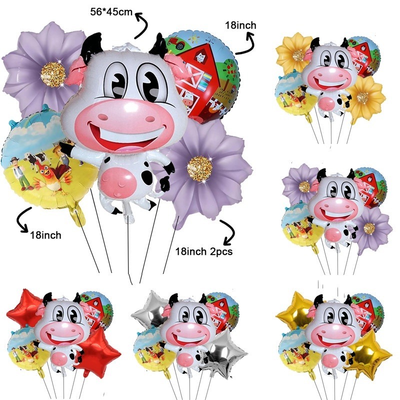 5ชิ้นฟาร์มธีมไก่วัวบอลลูนชุดสีดอกไม้ดาวห้าแฉกบอลลูนเด็กวันเกิดพรรคตกแต่ง