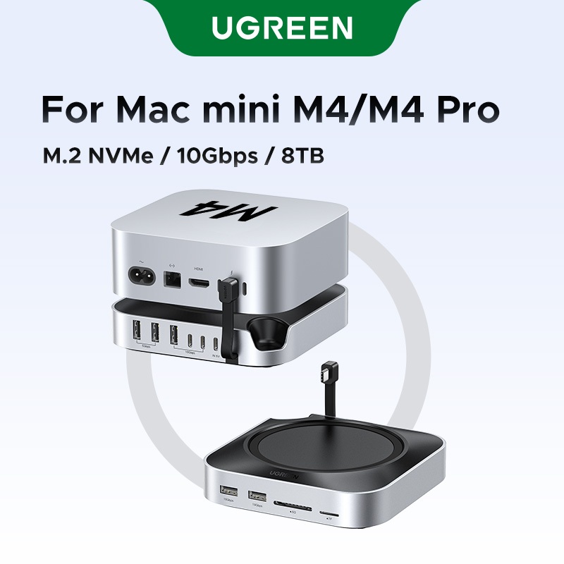 UGREEN USB HUB Docking Station สําหรับ Mac Mini M4 M4 Pro M.2 NVMe SSD 8TB สูงสุด 10Gbps พอร์ต USB-A & C SD & TF 170 เมกะไบต์/วินาที USB Splitter Dock