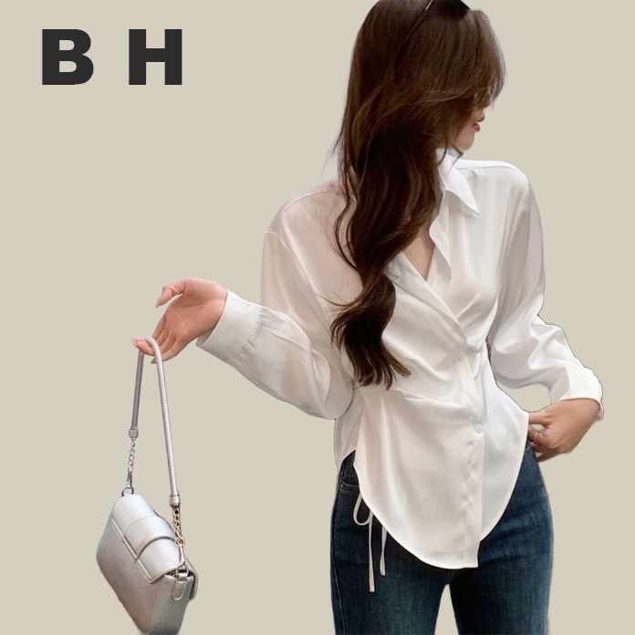 Bh เสื้อเบลาส์ ผ้าซาติน แขนยาว คอปกโปโล สไตล์เกาหลี สําหรับผู้หญิง ...