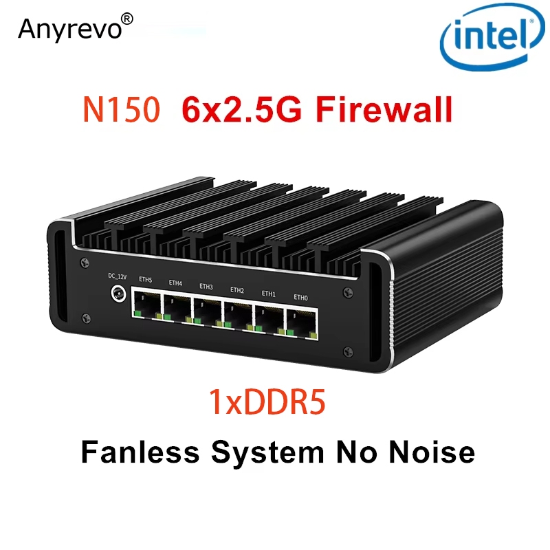Firewall Mini PC N150 Fanless, 4xLAN 2.5GbE I226-V, 8GB DDR5 128GB NVMe, Doppia Uscita 4K, Per Proxmox PfSense, AES-NI