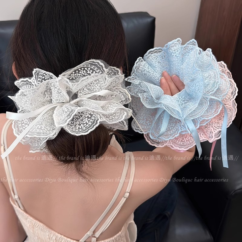 สีชมพูปักลูกไม้ Drawstring Scrunchy แหวนผมหัวดอกไม้.High-End Feeling ...
