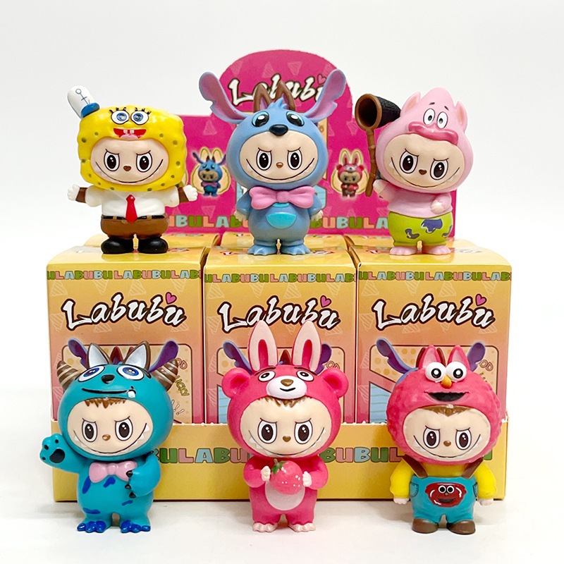 6 ชิ้น/เซ็ตอะนิเมะแฟชั่นกล่องของเล่น LABUBU Stitch Patrick Star ฟองน้ํา ...
