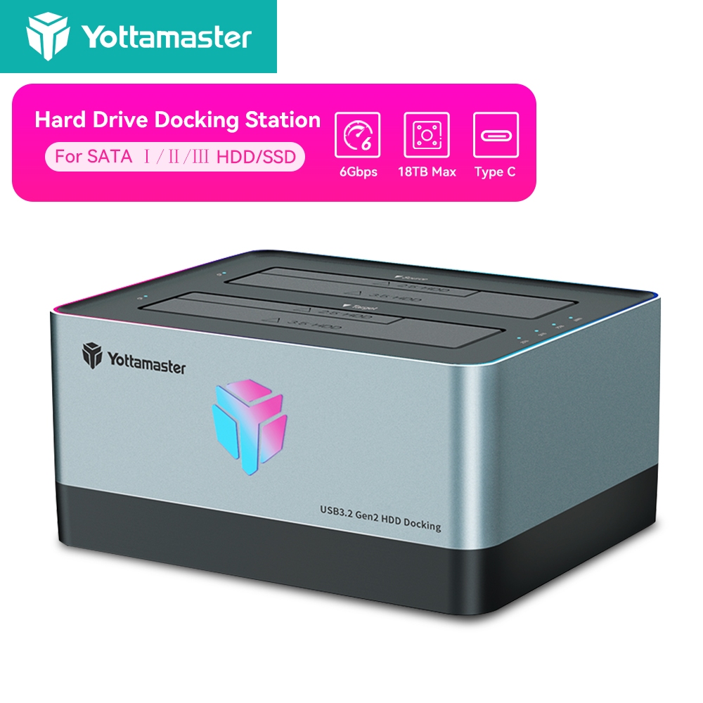 Yottamaster Hard Drive Docking Station Dual Bay USB 3.0 Aluminium Hard Drive Docking Station Offline Cloning For 2.5 & 3.5 Inch SATA HDD SSD With Type A/C Cable (KA200-C