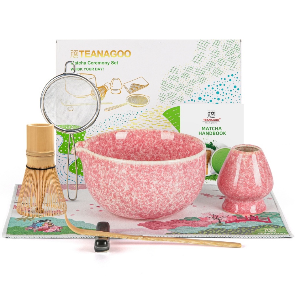 TEANAGOO Matcha gardeset, 7-delige matcha-set, matcha-set voor ceremonie, matcha-theeset voor het maken van ontbijt/latte, groene matcha-kom (Chawan) met tuit en garde, cadeau voor matcha-liefhebber