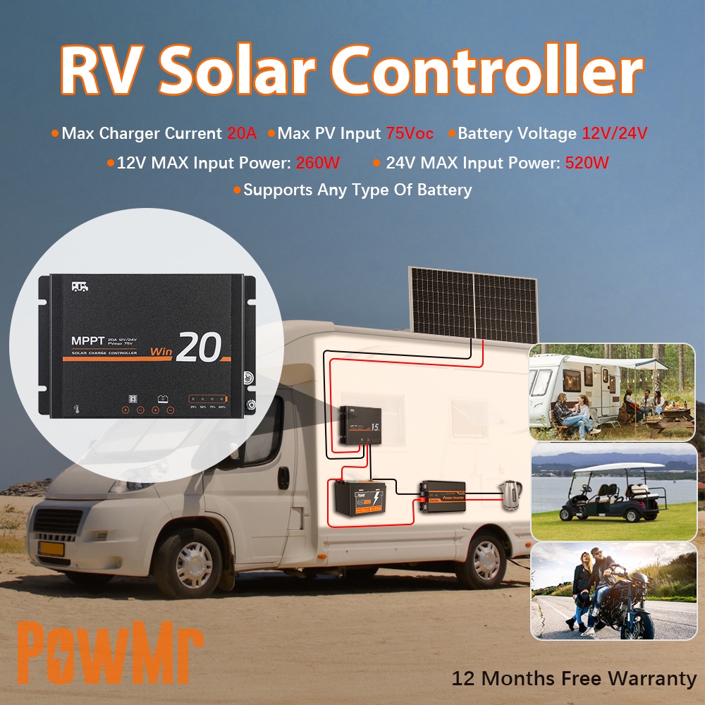 【ร้านค้าอย่างเป็นทางการ】 PowMr MPPT 20A RV Solar Controller 12V/24Vระบบ ...