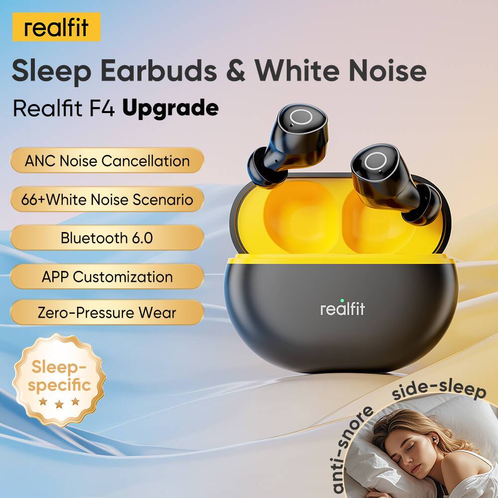 Realfit F4 Sleep หูฟังบลูทูธไร้สายแท้, บลูทูธ 6.0, ANC 40dB, หูฟังบลูทูธเบสหนักๆ, ปรับเบสได้, เสียงใส, ​โหมดเกมดีเลย์น้อย, หูฟังใส่นอน, หูฟังใส่นอน