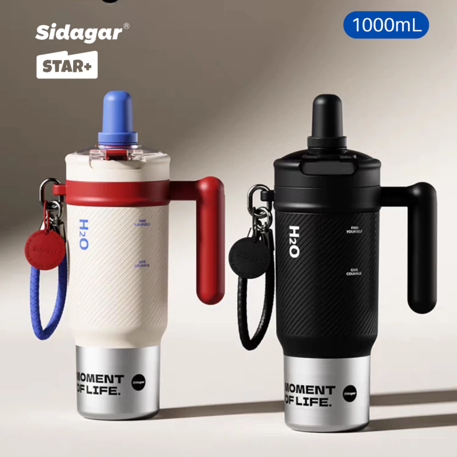 Sidagar Super แก้วเก็บความเย็น 1000มล ความจุขนาดใหญ่ การเคลือบเซรามิก แก้วน้ำมีหลอด ถ้วยน้ำสำหรับกีฬา สแตนเลส 316
