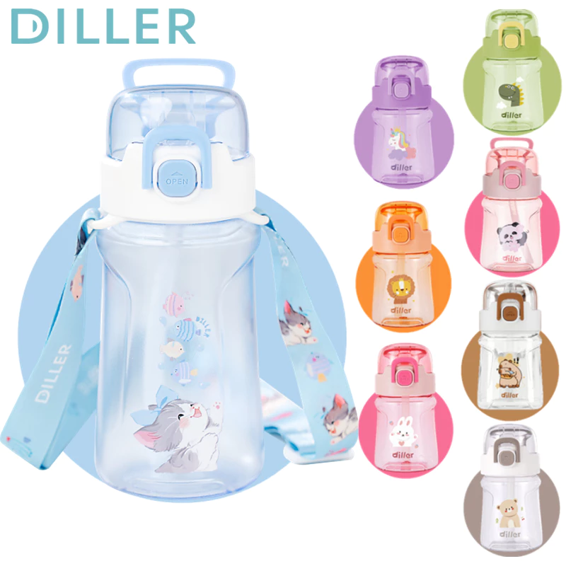 DILLER ขวดน้ําสําหรับเด็กขนาด 400 มล./550 มล. พร้อมหลอด Tritan ปราศจาก BPA ขวดดื่มสําหรับเล่นกีฬาและกิจกรรมกลางแจ้ง DB-007